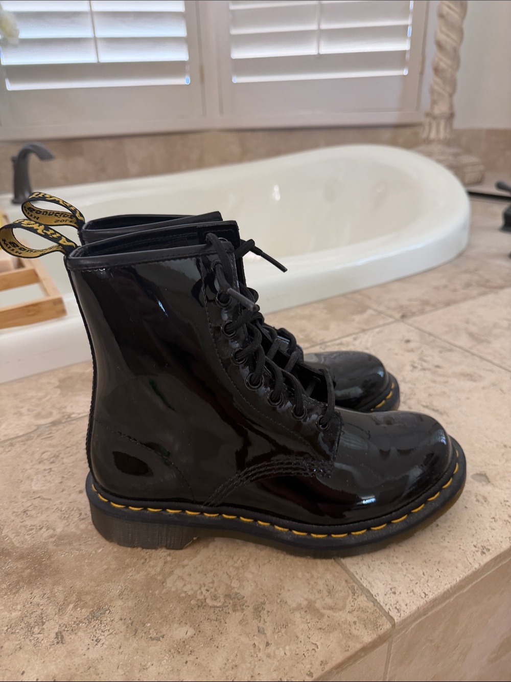 Dr. Martens Black Patent Lace-Up Combat Boots with Yellow Stitching